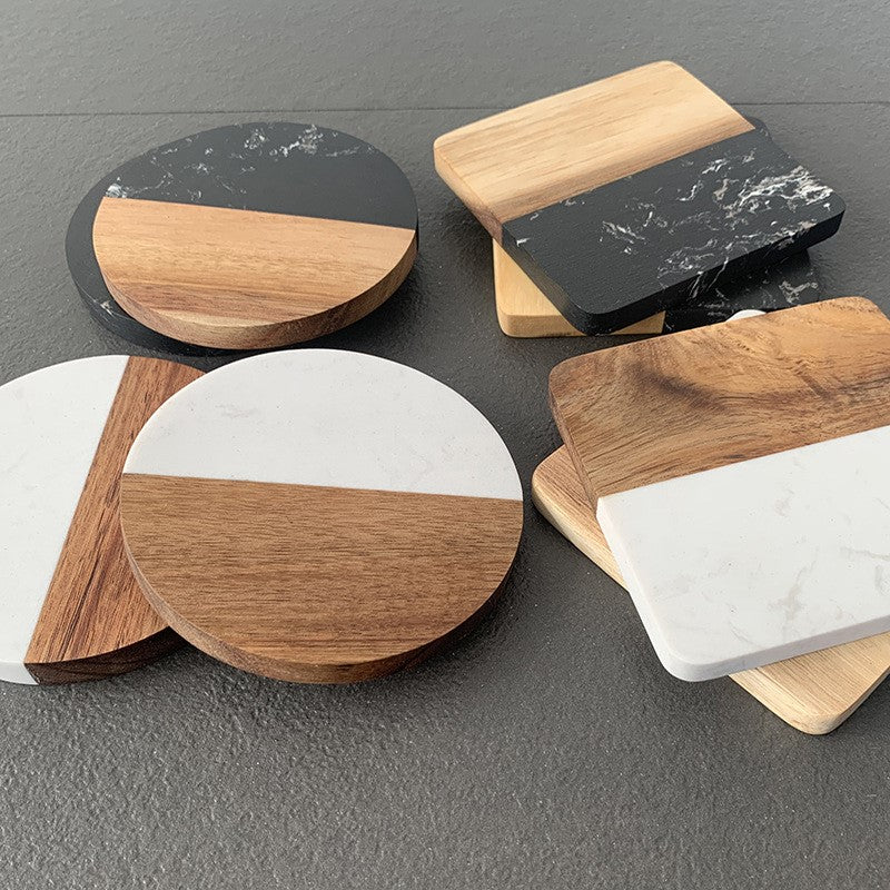 Portavasos de Mármol y Madera — Set de 4 piezas