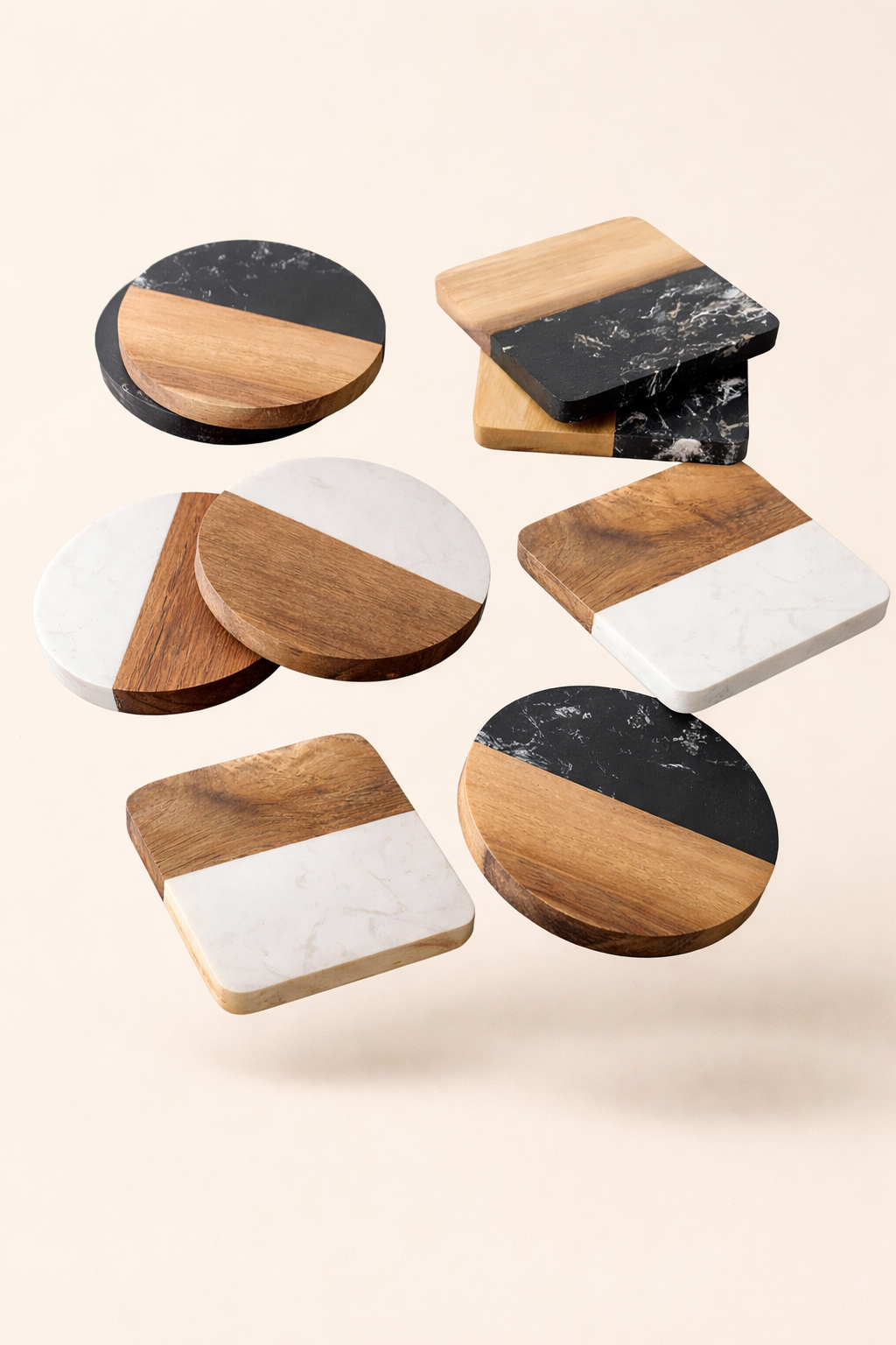 Portavasos de Mármol y Madera — Set de 4 piezas